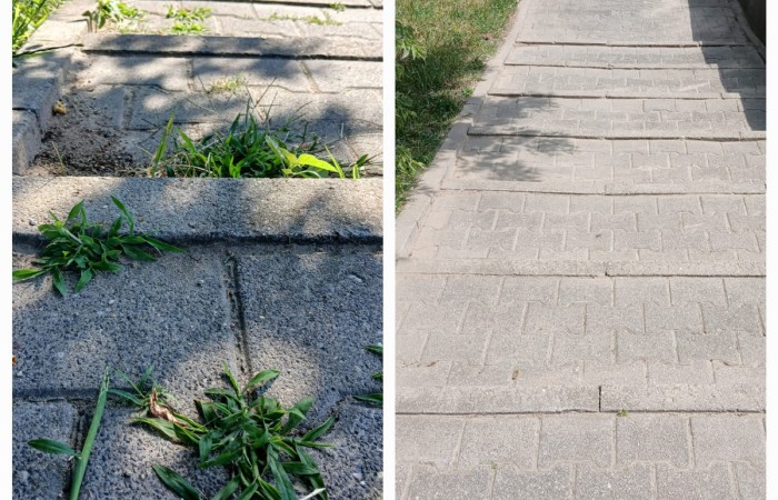 po lewej zdjecie z chwastami na schodach, po prawej czyste schody