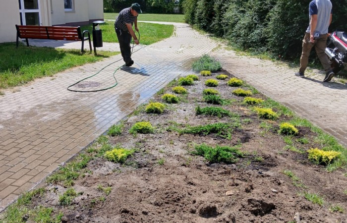 osoba podlewa niedawno posadzone rośliny