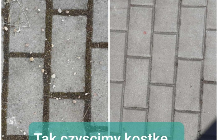napis tak czyscimy kostkę brukową oraz po lewej stronie zdjęcie przed  a po prawej zdjęcie po